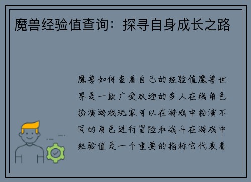 魔兽经验值查询：探寻自身成长之路